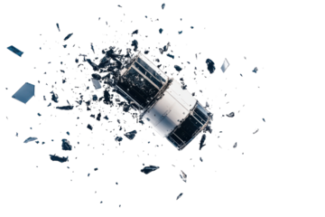 Space debris surrounding a destroyed satellite highlighting the risks of space exploration