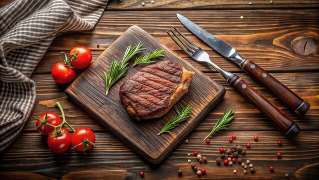 A juicy chulet?n de tenera beef cutlet on a dark background with a rustic wooden tablecloth and a few utensils scattered around, meat