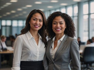 Obraz premium Asian and Black professional women standing confidently in modern corporate office setting