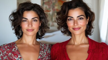 Fototapeta premium Two women standing next to each other in a room