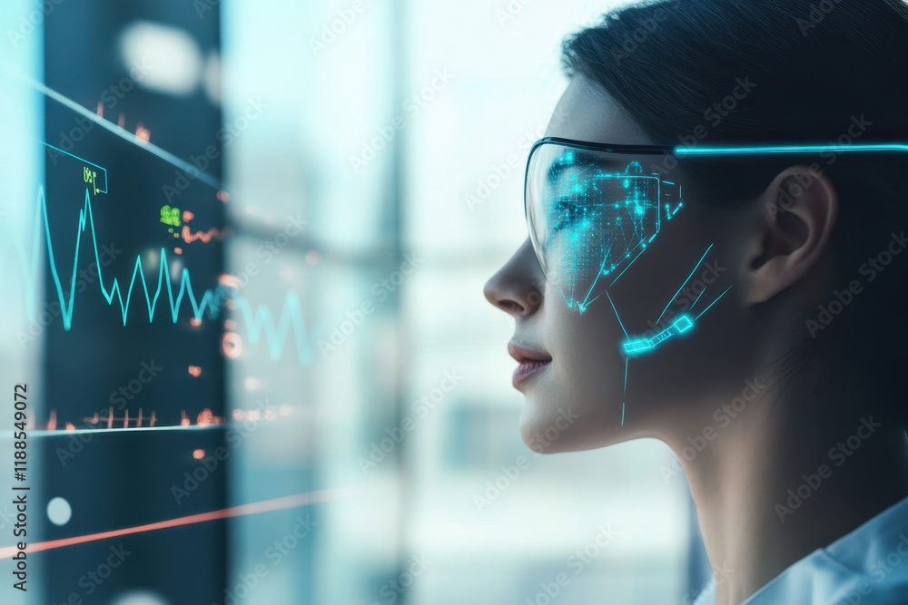 Poster woman using augmented reality glasses while analyzing data in a modern office setting