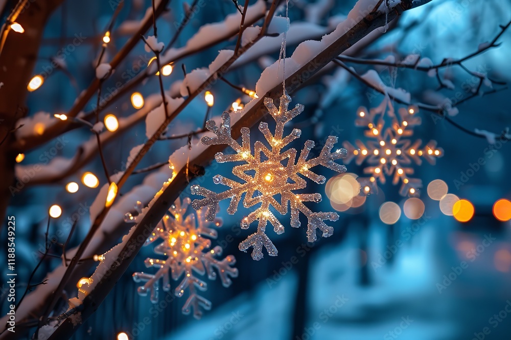 Poster an overhead and an up-close picture of the outside snowflake ornaments sparkling at night on the tre
