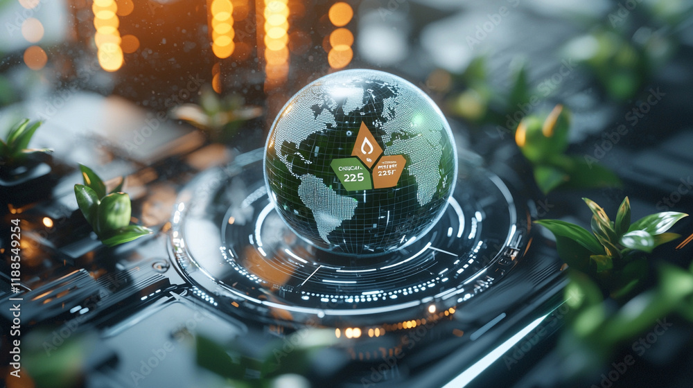 Poster ai-generated digital green globe displaying sdg metrics futuristic environment tech innovation