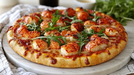  Seafood pizza with lobster and garlic butter sauce, featuring chunks of tender lobster tail, drizzled with garlic butter, and topped with fresh arugula for a decadent flavor.
