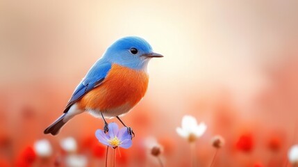 Fototapeta premium A small blue bird sitting on top of a flower