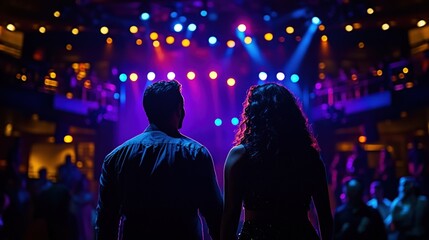 Couple Silhouetted Against Vibrant Concert Stage Lights