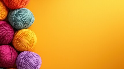A bunch of colorful balls of yarn on a yellow background
