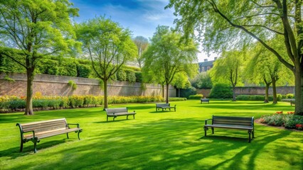 Obraz premium A lush green grass field with a few trees and flowers in a public park setting, surrounded by tall walls and benches , wall