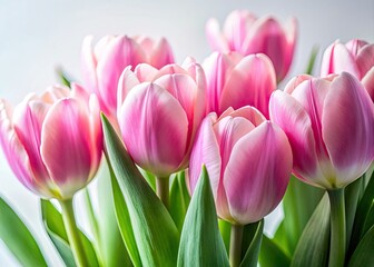 Fototapeta premium Delicate pink tulips bloom softly against a minimalist white backdrop, bathed in low light.