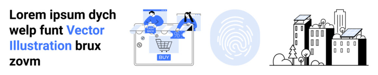 Business team finalizing online shopping purchase with cart icon on laptop, fingerprint authentication, cityscape, and skyscrapers. Ideal for online retail, cybersecurity, e-commerce, urban