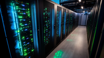 A digital server room with sleek racks of servers glowing in blue and green, symbolizing the heart...