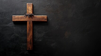 Wooden cross with crown of thorns and nails on black background. Good Friday concept, copy-space