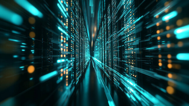 A digital server room with sleek racks of servers glowing in blue and green, symbolizing the heart of a sophisticated, high-tech data center. - Powered by Adobe
