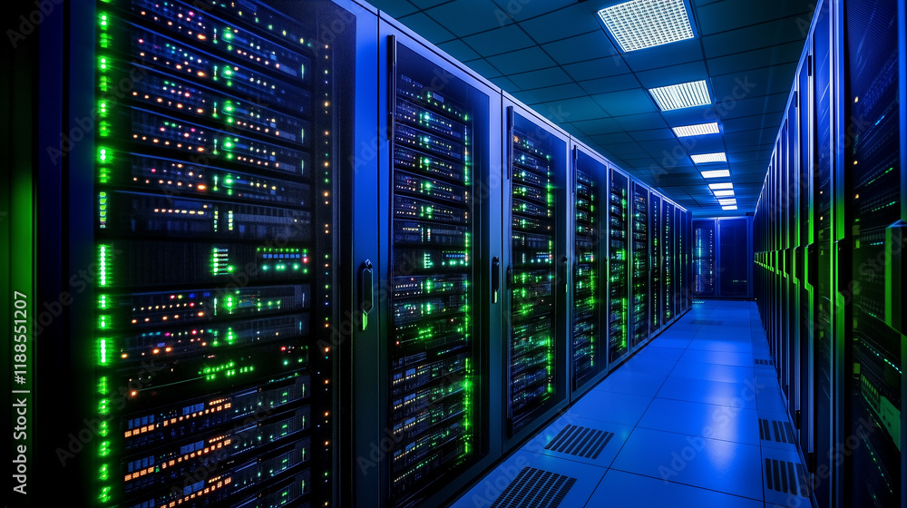 Poster a futuristic server room filled with advanced data servers under a mesmerizing green and blue light,