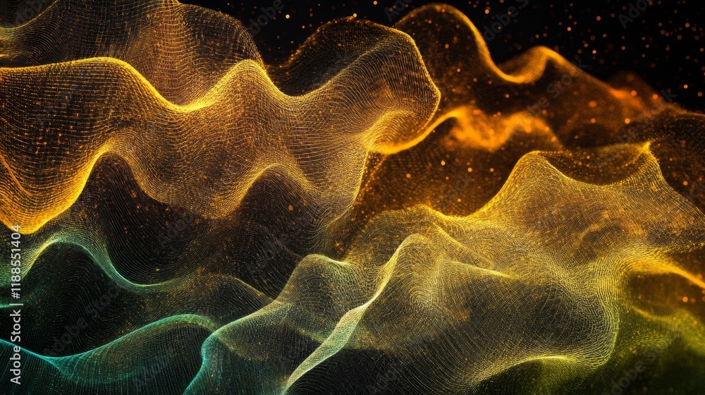 Poster dynamic digital particles wave on a futuristic cyberspace background with flowing data streams, high