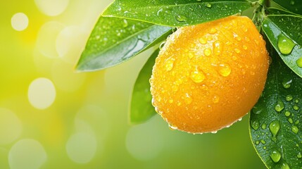 A ripe orange hanging from a tree with water droplets on it