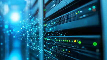 A sleek server room in a high-tech data center with glowing blue and green LED lights, representing the future of technology and digital data management.
