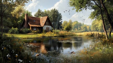 Fototapeta premium Old house in the countryside, oil paintings landscape with a pond and a house, fine art