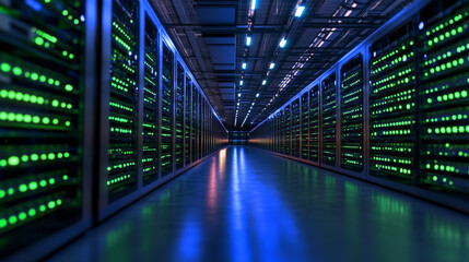 A dynamic digital environment within a data center, where rows of servers are lit in green and blue hues, symbolizing the future of data storage and high-tech infrastructure.