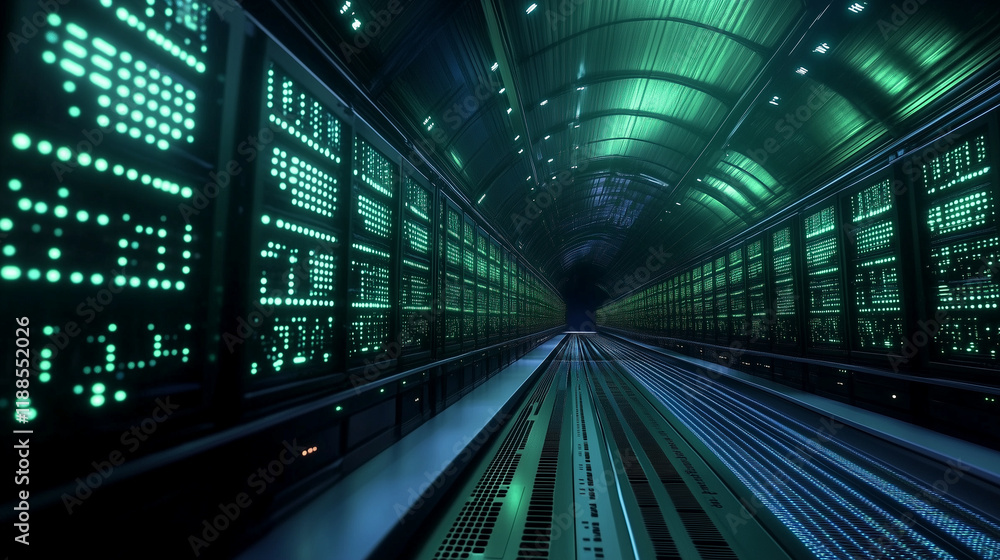 Aufkleber an advanced data center with high-performance servers glowing in vibrant green and blue led lighting