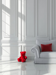Minimalist Interior with Red Teddy Bear and Cushion