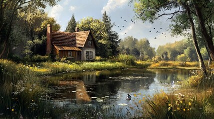 Fototapeta premium Old house in the countryside, oil paintings landscape with a pond and a house, fine art