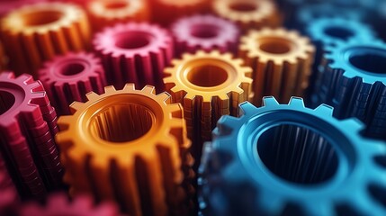 Colorful gears connect in teamwork synergy. Industrial cogwheels mesh for engineering precision. Mechanism concept background
