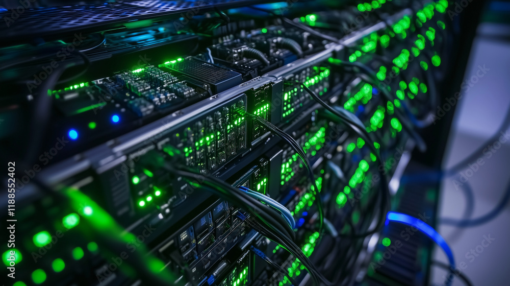 Poster a high-tech data center with glowing green and blue servers in a sleek and organized arrangement, re