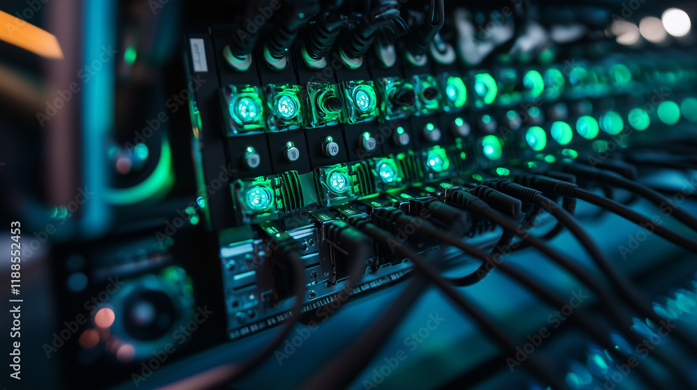 Poster a high-tech data center with glowing green and blue servers in a sleek and organized arrangement, re