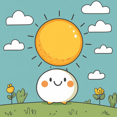Happy character holding a bright sun under a clear blue sky with fluffy clouds and flowers. Generative AI