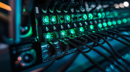 A high-tech data center with glowing green and blue servers in a sleek and organized arrangement, representing the next generation of digital and technological advancements.