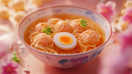 Delicious soup with colorful rolls and egg