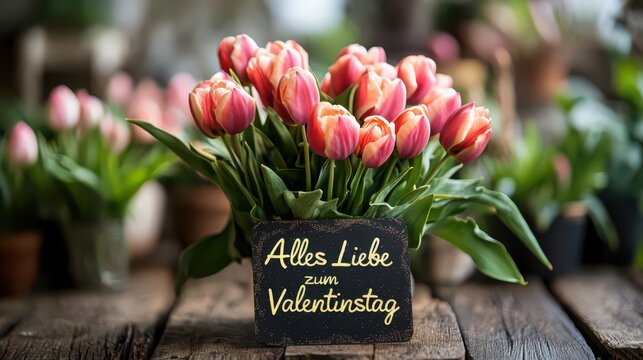 Alles Liebe zum Valentinstag &ndash; Vibrant Tulip Bouquets with Romantic Lighting and Golden Message
