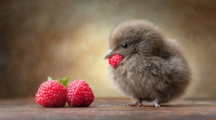 A small bird sitting next to two raspberries on a table