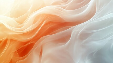 Obraz premium Abstract flow of translucent fabric with a gradient from light orange to white and light blue creating a soft ethereal texture