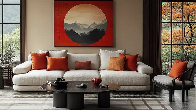 A living room with beige walls  a white sofa  and a black coffee table seamless looping time-lapse virtual 4k video animation background