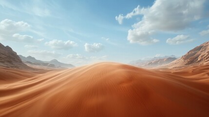 Naklejka premium A desert landscape with sand dunes and mountains in the background