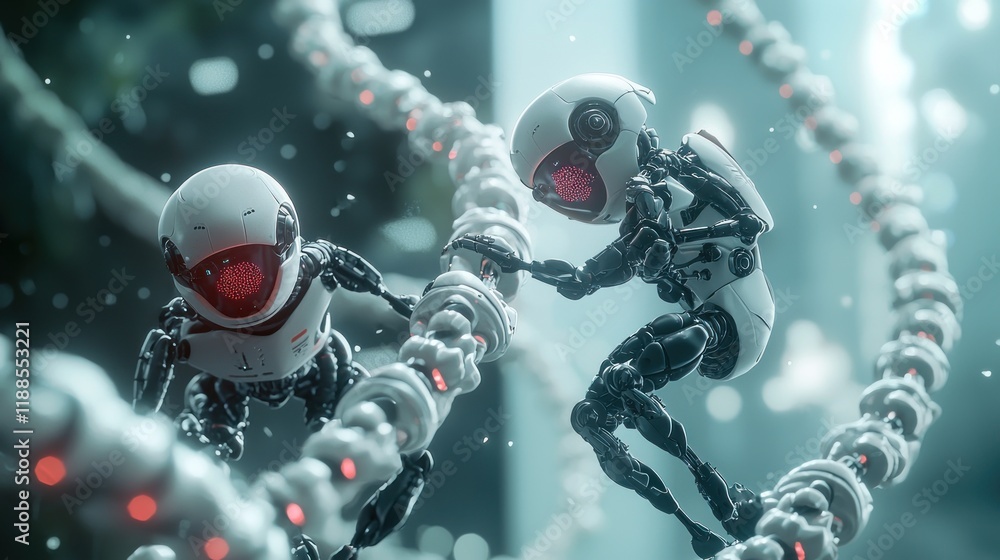 Aufkleber miniature robots climbing a futuristic structure