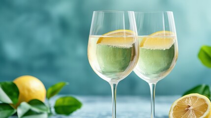 Two glasses of champagne with lemon slices on a table