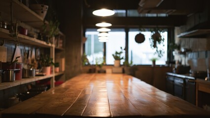 Fototapeta premium Rustic wooden bar counter, warm ambient lighting, blurred background, cozy pub interior, low-hanging pendant lights, intimate atmosphere, distressed wood textures, vintage decor elements, soft focus, 