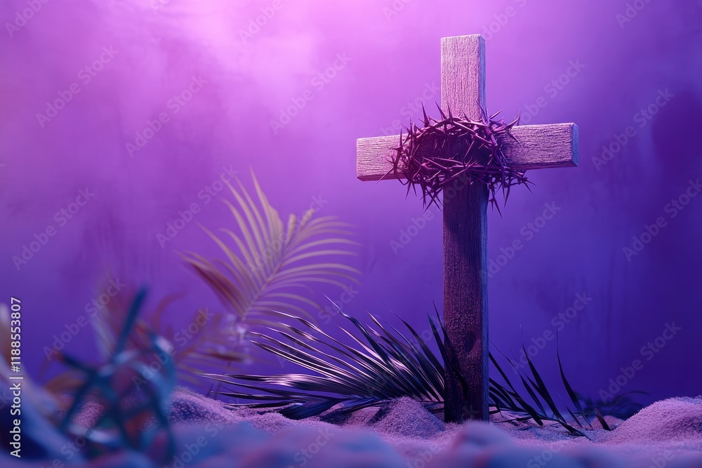 Poster Wooden cross with crown of thorns and palm leaf on violet background. Good Friday concept 