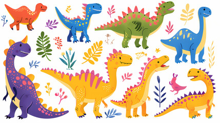 Colorful illustrations of cartoon dinosaurs surrounded by tropical plants in a playful design. Generative AI