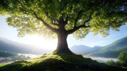Obraz premium A large tree on top of a grassy hill with mountains in the background