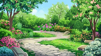 A colorful cartoon illustration of a lush garden with a stone path.
