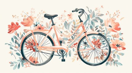 Fototapeta premium An illustrated bicycle surrounded by flowers on a light background.