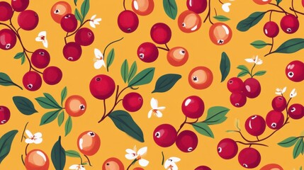 A Delightful Cranberry Pattern with Delicate Floral Accents. A Vibrant and Eye-Catching Fruit Design. A Fresh and Charming Illustration of Berries and Flowers on a Mustard Yellow Background.