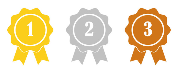 Medals and Ribbons Vector Icons for First, Second, and Third Place, Perfect for Award Recognition and Success Celebrations. A set of medals for first, second and third place.  Prize icons. 