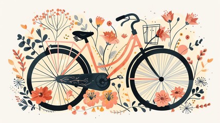 A pink bicycle with black wheels is surrounded by flowers and leaves.