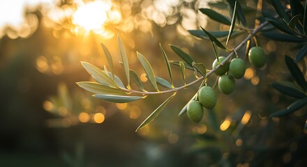 Closeup of olive fruit on tree branch. Olive garden and sunlight background design. Mediterranean old olive trees growing
