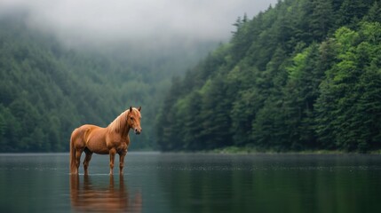 A horse standing in a body of water with trees in the background